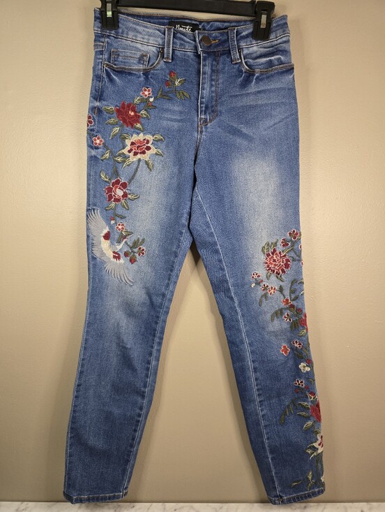 Nanette Lepore Denim - Nanette Lepore HW Astor Skinny Jeans Embroidered Floral Bird Crane Size 2